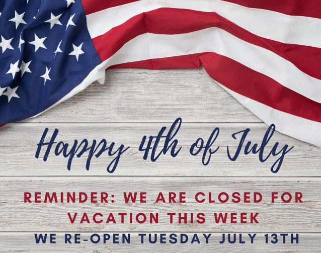 Happy 4th of July! Thank you for a busy weekend. We are closed this week for some R&R.