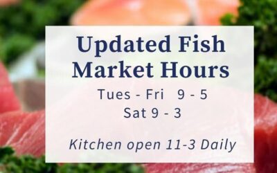 We have extended our weekday hours for the Fish Market. Kitchen hours remain the same at 11-3 daily. We continue to seek qualified kitchen help which will allow us to expand our kitchen hours. If you know anyone, please send them our way!  In addition to a full line up of fresh seafood and lobsters, the fish market offers several easy meal options like our new salads, chowders, crabcakes, frozen homemade entrees, salmon burgers and more. All available until 5pm Tuesday through Friday