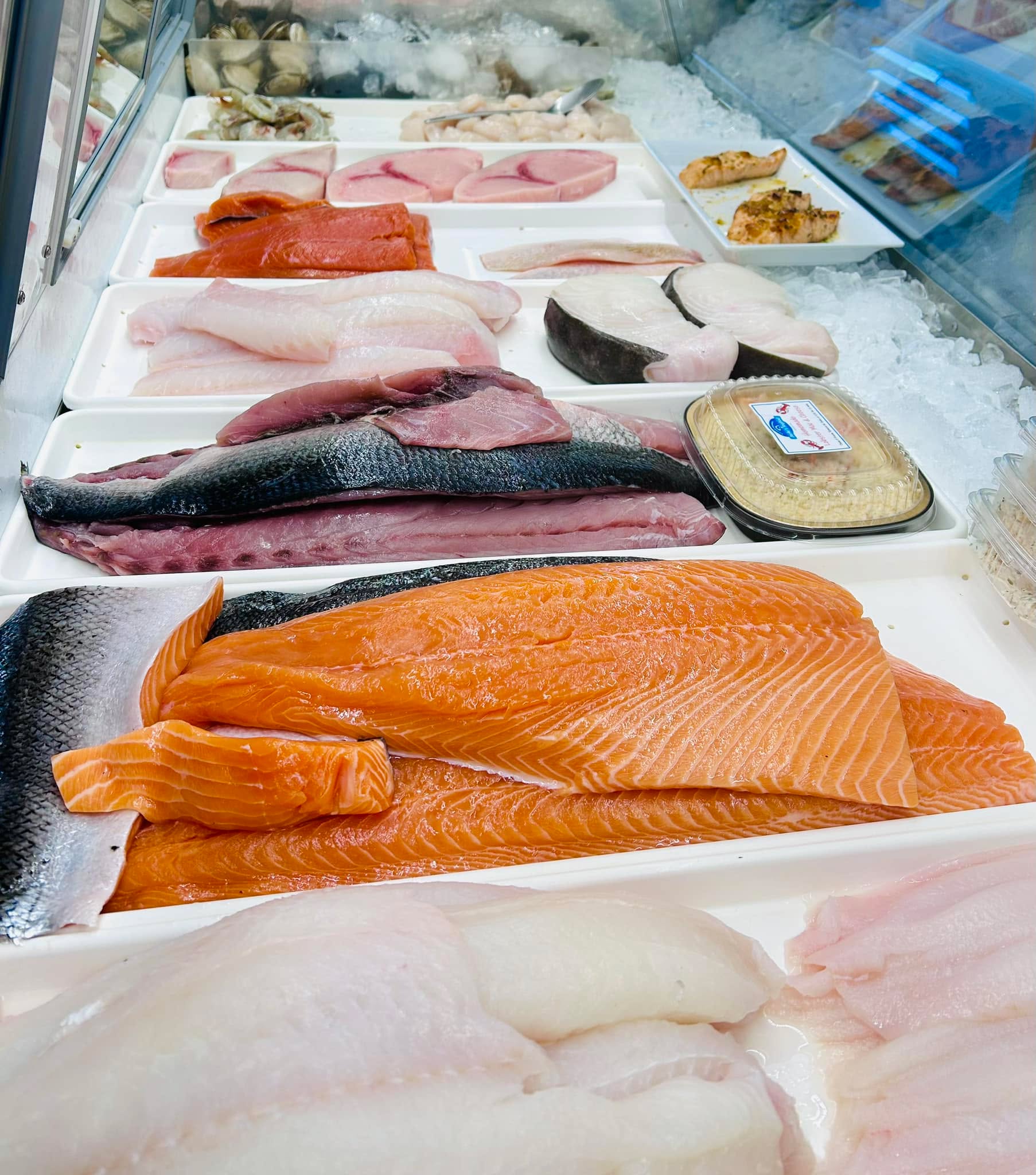 The fish market is stocked with Summertime favorites like Bluefish King Salmon as well as beautiful Swordfish Halibut that are awaiting your grill Open weekdays til 5 and Saturday til 3