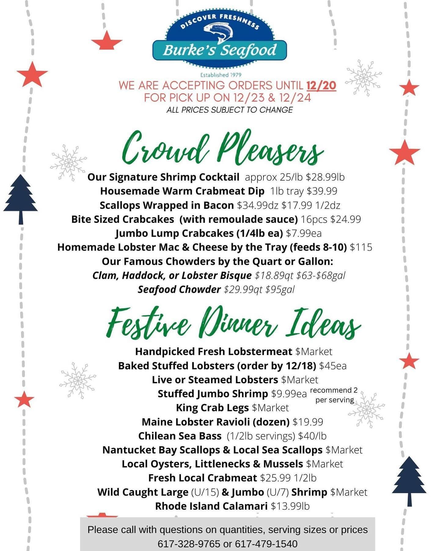 Time to start planning your Holiday Menu!
🗓️We will be accepting orders until 12/20 for pick up on 12/23 and 12/24
Give us a call to place your order: 617-328-9765